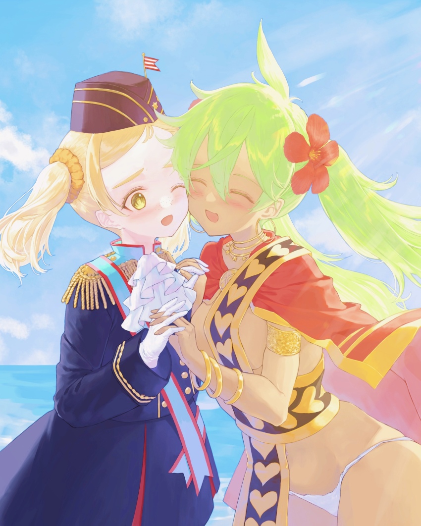 2girls, ascot, blonde_hair, blue_sky, blush, cape, cheek-to-cheek, closed_eyes, coat, commentary_request, dark-skinned_female, dark_skin, eiyuu_senki, epaulettes, flower, gloves, green_hair, hair_flower, hair_ornament, hat, heads_together, hibiscus, highres, holding_hands, jewelry, kamehameha_(eiyuu_senki), long_hair, medium_hair, military_uniform, multiple_girls, necklace, ocean, open_mouth, orokamono840741, outdoors, panties, perry_(eiyuu_senki), sky, smile, underwear, upper_body, white_panties, yellow_eyes