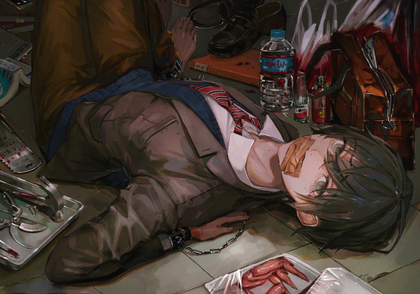 1boy, arms_behind_back, bag, black_hair, black_jacket, blue_vest, book, bottle, bound, bound_ankles, bound_arms, bound_wrists, brown_pants, collared_shirt, cuffs, denn_(naluse_flow), from_side, gag, grey_eyes, guro, hair_between_eyes, handcuffs, highres, improvised_gag, jacket, kidnapped, looking_at_viewer, lying, male_focus, necktie, on_back, on_floor, original, pants, red_necktie, school_bag, school_uniform, shirt, short_hair, solo, tape, tape_gag, teardrop, tools, upper_body, upside-down, vest, water_bottle, white_shirt