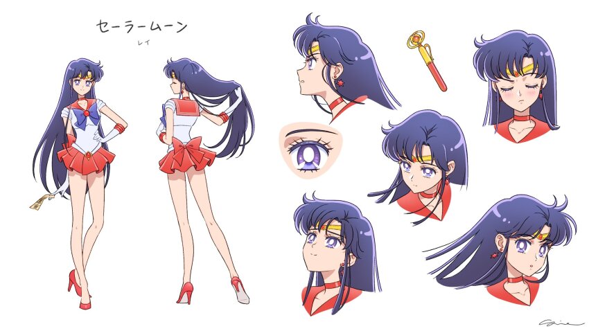 back_bow, bishoujo_senshi_sailor_moon, bishoujo_senshi_sailor_moon_(first_season), black_hair, bow, choker, circlet, crystal_change_rod, earrings, elbow_gloves, gloves, high_heels, highres, hino_rei, holding, holding_ofuda, jewelry, long_hair, magical_girl, ofuda, purple_eyes, red_footwear, red_sailor_collar, red_skirt, sailor_collar, sailor_mars, sailor_senshi_uniform, sidney_deng, skirt, white_gloves