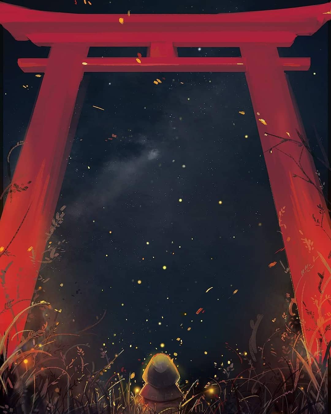 1girl, back, bad_source, child, commentary, commentary_request, english_commentary, fireflies, from_below, gokupo101, grass, highres, hood, hotaru_no_haka, night, outdoors, plant, scenery, setsuko_(hotaru_no_haka), sky, solo, studio_ghibli, temple_gate, torii