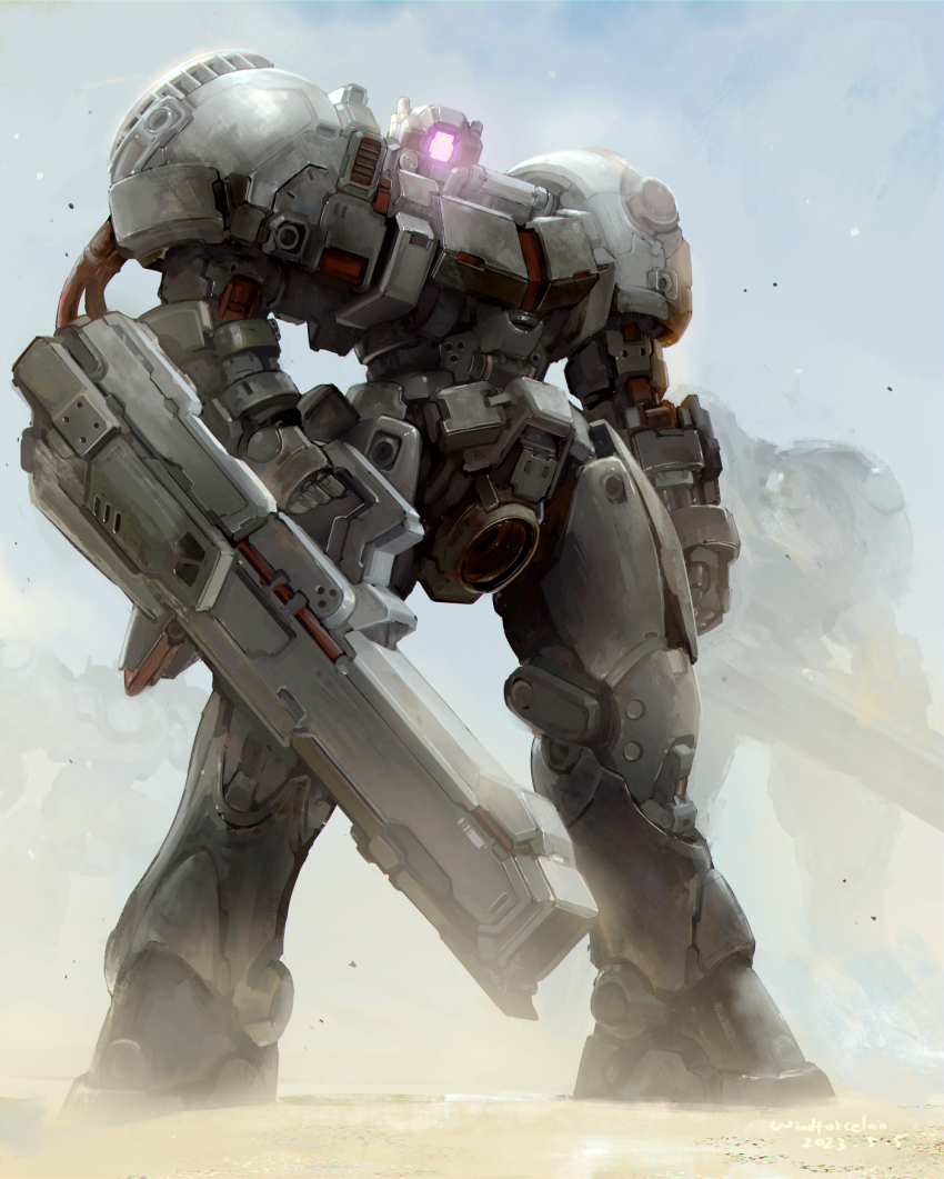 artist_name, chinese_commentary, cloud, cloudy_sky, commentary_request, dated, day, desert, full_body, gun, gundam, gundam_wing, highres, holding, holding_gun, holding_weapon, mecha, mecha_focus, no_humans, outdoors, robot, science_fiction, sky, solo_focus, standing, virgo_(mobile_suit), weapon, windforcelan