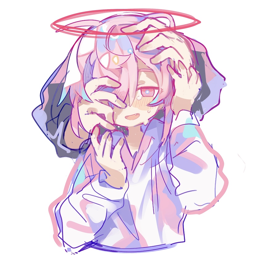 2boys, ahoge, black_hoodie, blush, commentary_request, facing_viewer, fang, halo