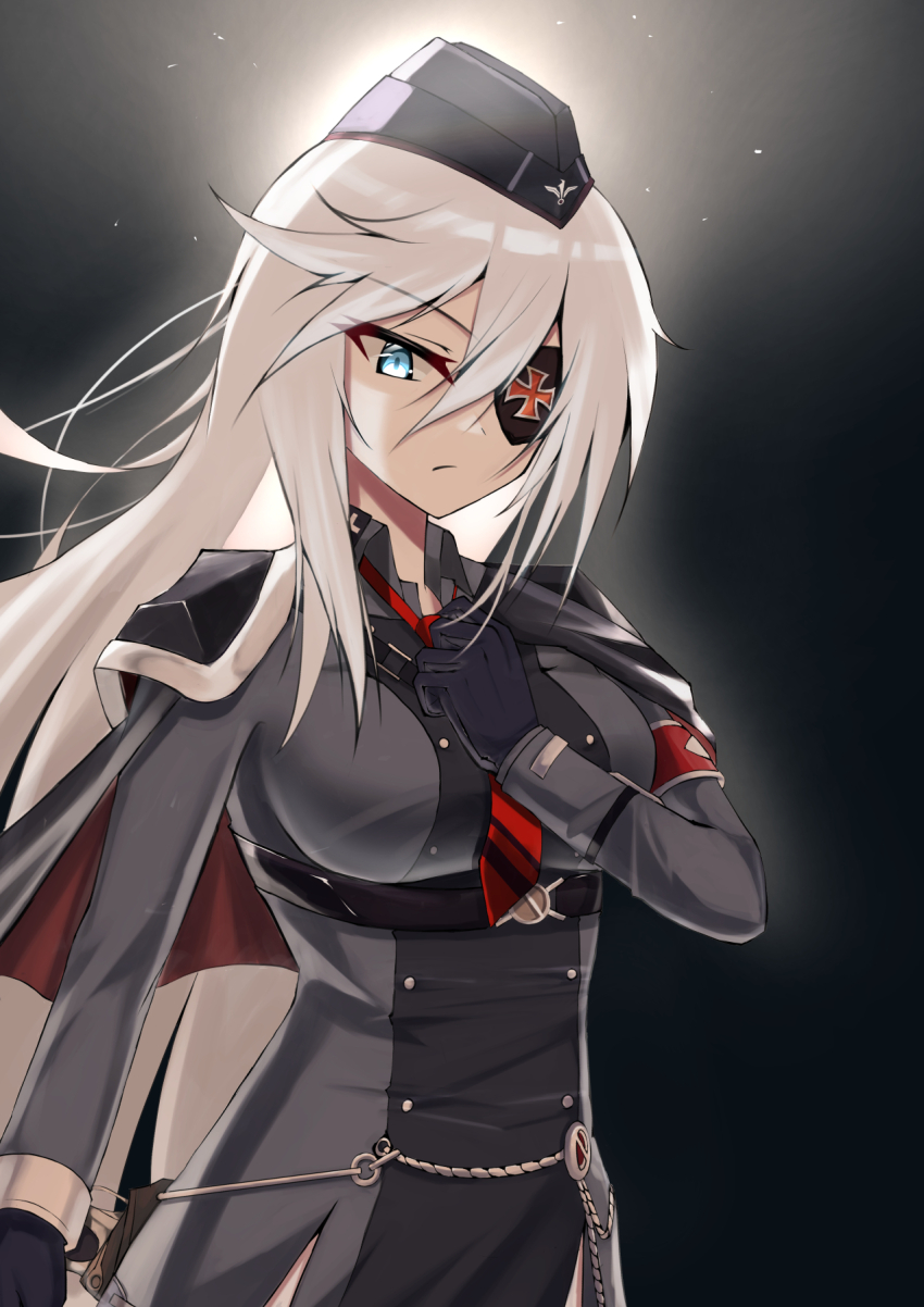 1girl, armband, azur_lane, black_gloves, blue_eyes, cape, clothing_cutout, cross