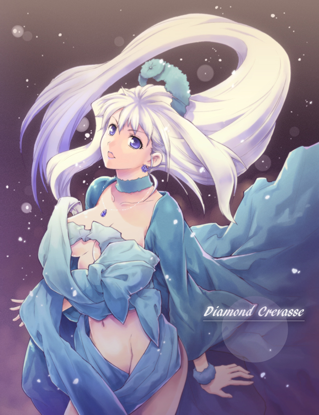 1girl, blue_eyes, breasts, censored, choker, convenient_censoring, earrings, female_focus, gradient_background, hair_ornament, hairband, hirokawa_tomo, jewelry, large_breasts, light_purple_hair, long_hair, macross, macross_frontier, navel, necklace, open_mouth, purple_eyes, sheryl_nome, silver_hair, solo, standing, wrist_cuffs