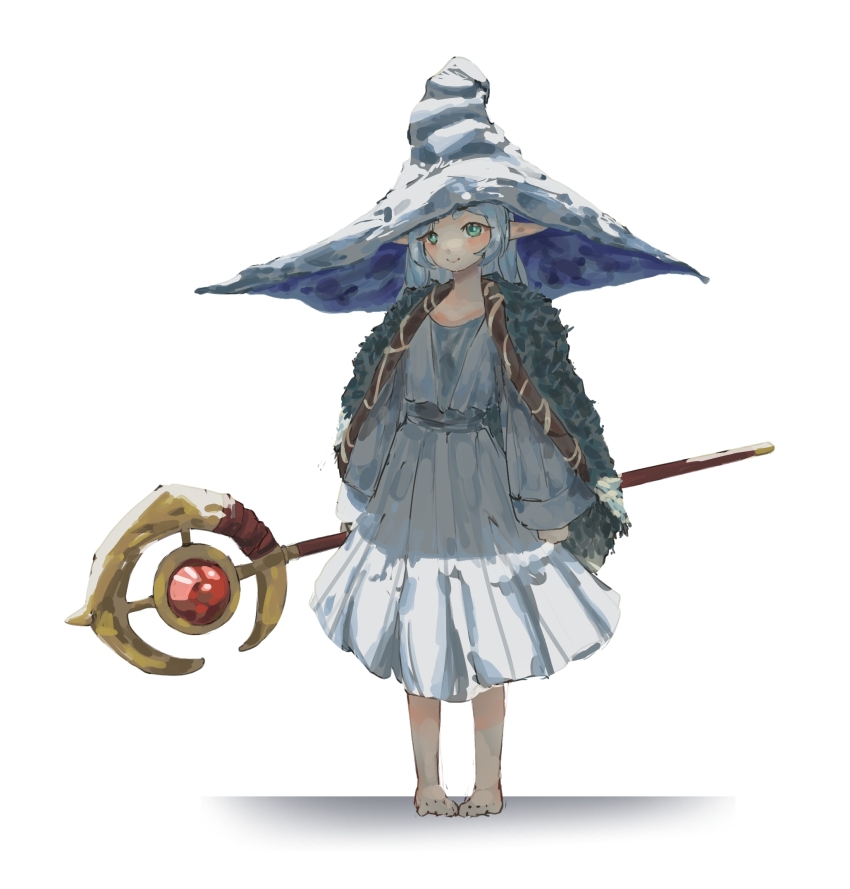 1girl, barefoot, blush, cloak, cosplay, dress, elden_ring, frieren, fur_cloak, green_eyes, hat, highres, holding, holding_staff, large_hat, long_hair, long_sleeves, looking_at_viewer, pointy_ears, ranni_the_witch, ranni_the_witch_(cosplay), smile, snoeflaefk, solo, sousou_no_frieren, staff, standing, white_dress, witch_hat