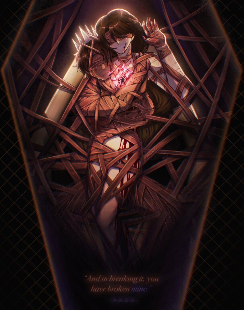 1boy, 1girl, binds_(e.g.o), blood, blood_from_mouth, blood_on_face, bound, broken_heart