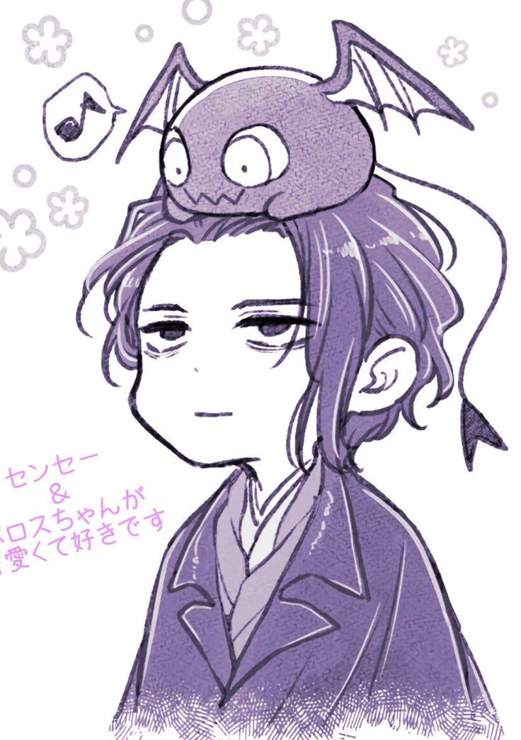 1boy, bat_wings, black_eyes, black_hair, black_tunic, closed_mouth, dazai_osamu_(isekai_shikkaku), isekai_shikkaku, japanese_clothes, long_hair, looking_at_another, looking_up, melos_(isekai_shikkaku), shirt, simple_background, smile, tunic, white_background, white_shirt, wings