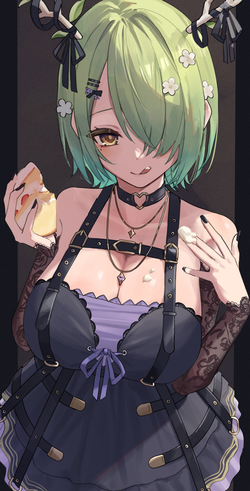 1girl, 3xens, :q, bare_shoulders, black_background, black_dress, black_nails, breasts