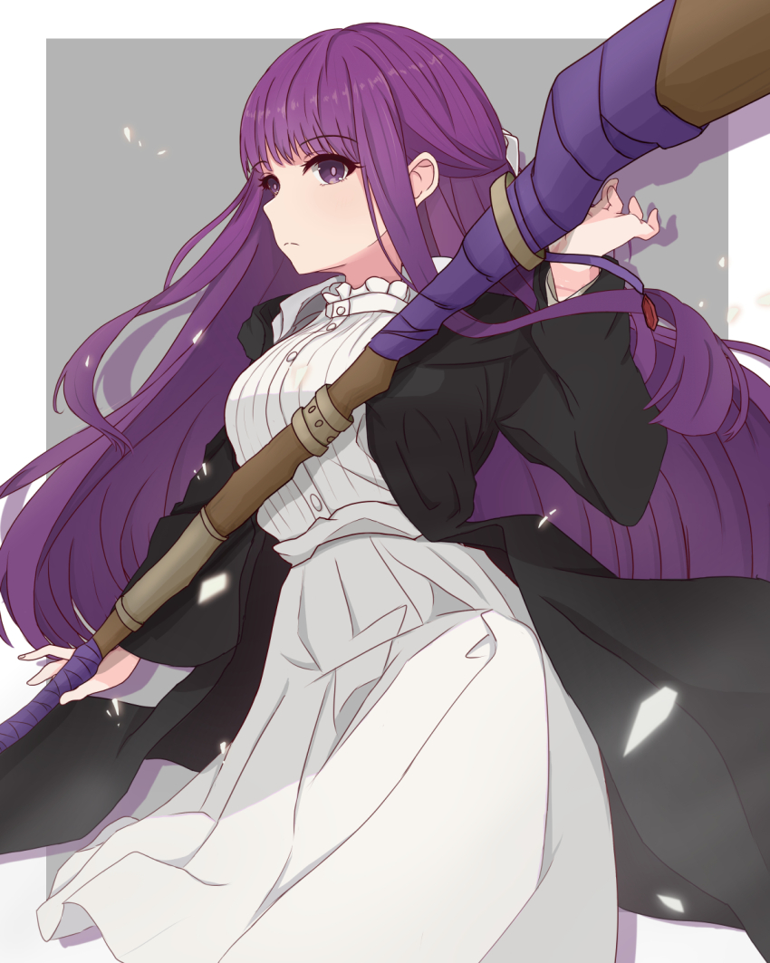 1girl, black_coat, breasts, closed_mouth, coat, commentary_request, dress, drop_shadow, expressionless, fern_(sousou_no_frieren), highres, large_breasts, long_hair, purple_eyes, purple_hair, shards, solo, sousou_no_frieren, staff, sumishake, very_long_hair, white_dress
