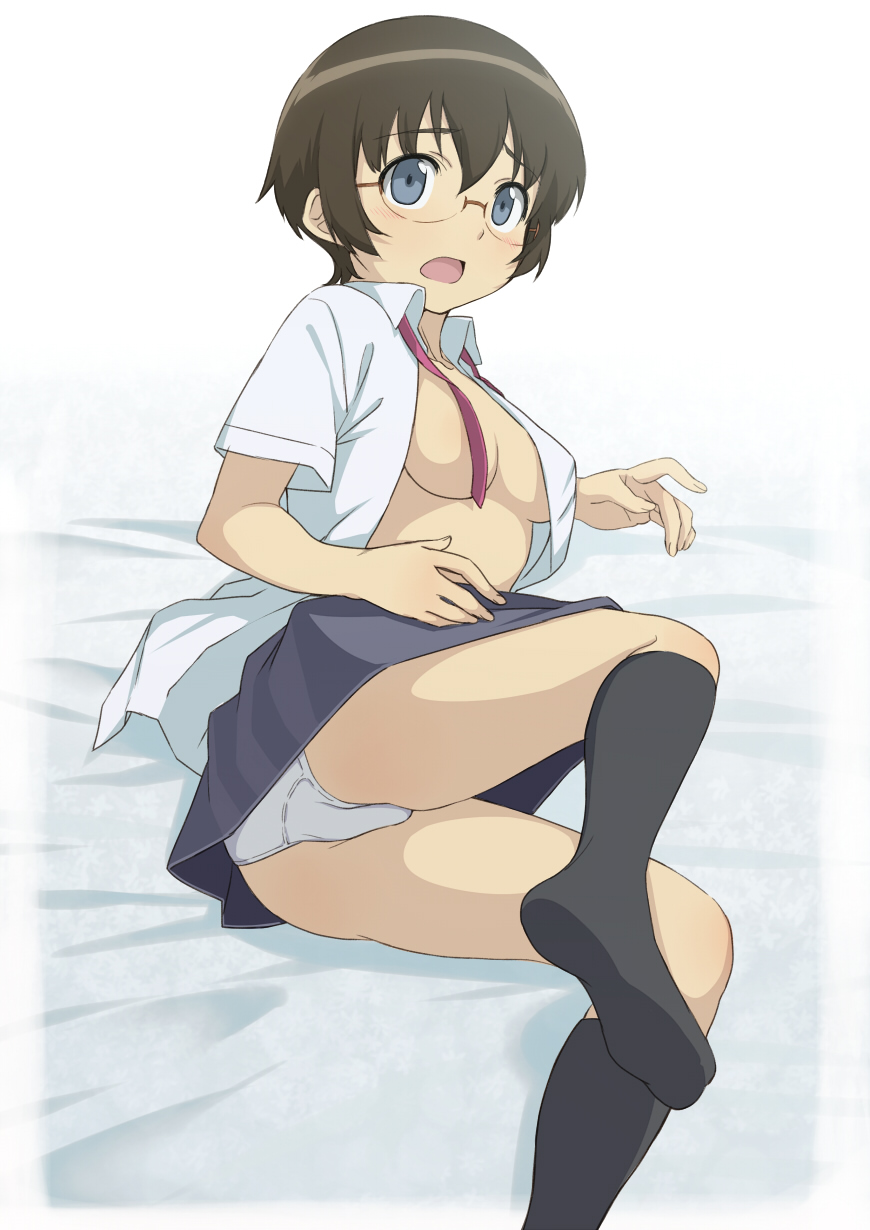 1girl, bad_id, bad_pixiv_id, black_socks, blouse, blue_eyes, blush, brown_hair, collared_shirt, feet, female_focus, glasses, highres, kneehighs, lying, necktie, no_bra, on_side, open_clothes, open_mouth, open_shirt, ore_no_imouto_ga_konna_ni_kawaii_wake_ga_nai, panties, sawashiro_kei, school_uniform, serafuku, shirt, short_hair, skirt, socks, solo, surprised, tamura_manami, underwear, undressing, untied, upskirt, white_panties, white_shirt