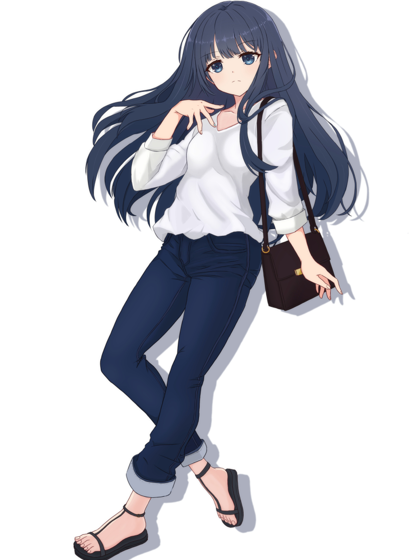 1girl, bag, blue_eyes, blue_hair, casual, check_commentary, closed_mouth, collarbone