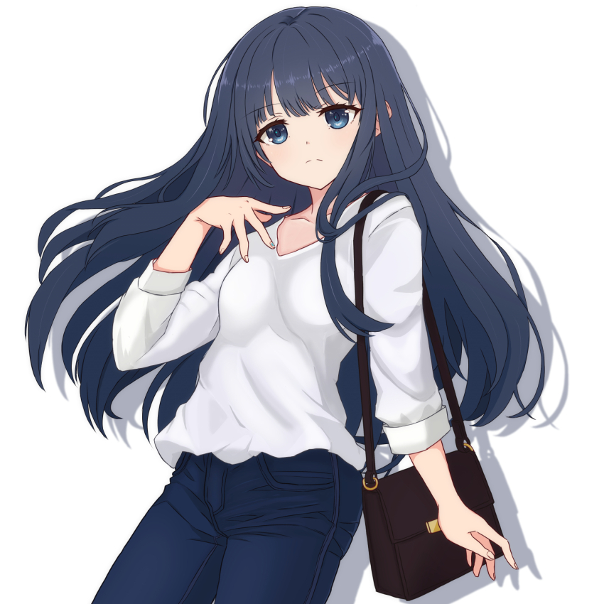 1girl, bag, blue_eyes, blue_hair, casual, check_commentary, closed_mouth, collarbone