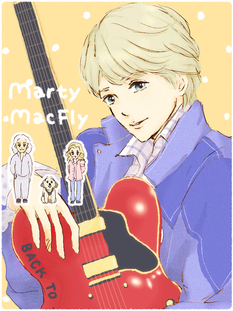 1girl, 2boys, animification, back_to_the_future, bad_id, bad_pixiv_id, blonde_hair, blush, chibi, dog, einstein_(back_to_the_future), electric_guitar, emmett_brown, gibson_es-335, green_eyes, guitar, instrument, jacket, jennifer_parker, lab_coat, licca_(pixiv), marty_mcfly, multiple_boys, shirt, short_hair, smile, waving, white_hair