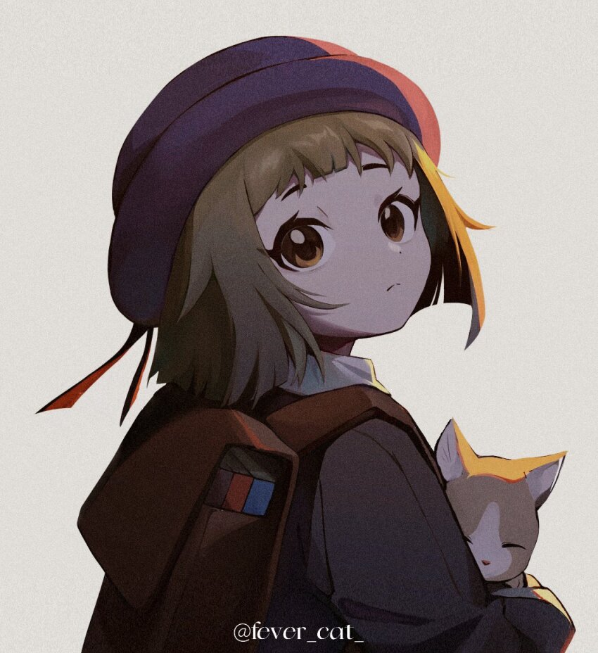 1girl, animal, artist_name, backpack, bag, black_jacket, blue_hat, blunt_bangs