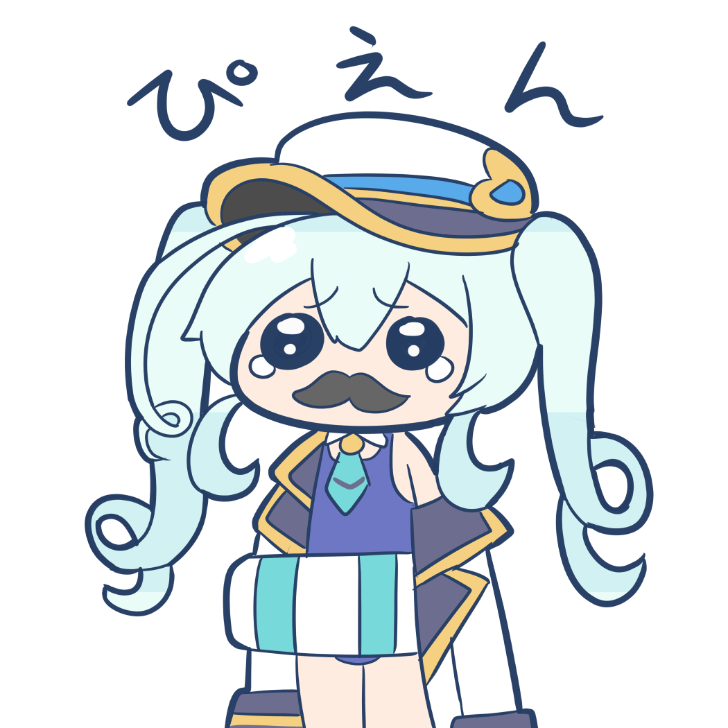 1girl, anson_(azur_lane), aoirocombo, azur_lane, bare_shoulders, black_eyes, blue_hair, blue_one-piece_swimsuit, chibi, coat, fake_facial_hair, fake_mustache, hat, innertube, one-piece_swimsuit, raised_eyebrows, sad, simple_background, standing, swim_ring, swimsuit, tagme, tearing_up, twintails, white_background