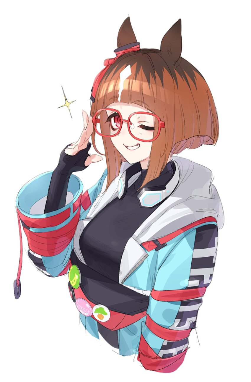 1girl, adjusting_eyewear, animal_ears, aqua_coat, arm_at_side, black_shirt, breasts, brown_hair