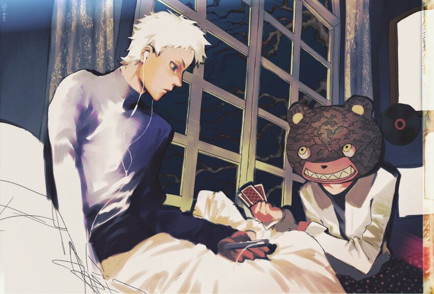 2boys, ann_yasu_d, bear_head, blonde_hair, blue_eyes, blue_shirt, card, closed_mouth