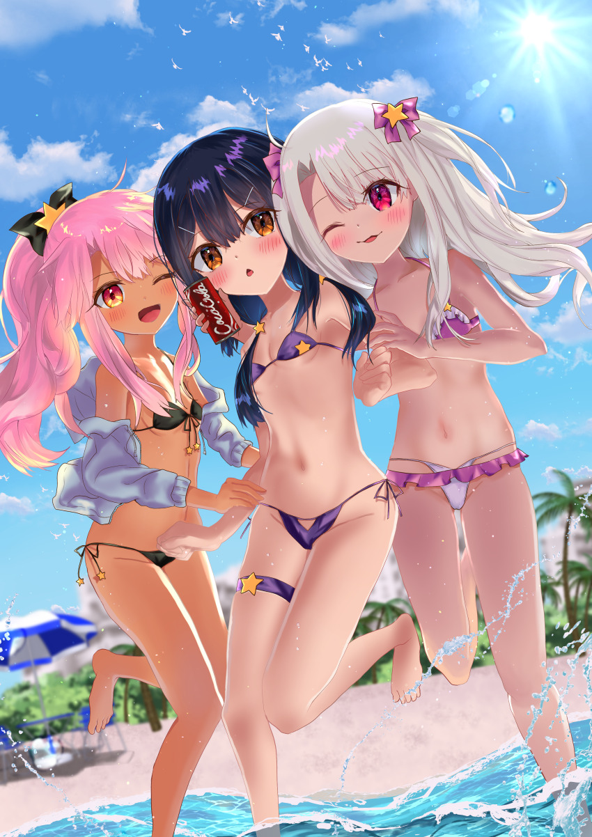 3girls, absurdres, an_icy_cat, arm_grab, asymmetrical_bangs, bare_shoulders, beach, bikini, bird, black_bikini, black_bow, blue_jacket, blurry, blurry_background, blush, bow, breasts, can, chestnut_mouth, chloe_von_einzbern, clothing_cutout, cloud, cloudy_sky, coca-cola, dark-skinned_female, dark_skin, dot_nose, drink_can, fate/grand_order, fate/kaleid_liner_prisma_illya, fate_(series), feet, female_focus, frilled_bikini, frills, front-tie_bikini_top, front-tie_top, hair_bow, hair_ornament, hairclip, hand_on_another's_arm, highres, holding, holding_can, illyasviel_von_einzbern, isuzu_(an_icy_cat), jacket, long_hair, lowleg, lowleg_bikini, medium_hair, micro_bikini, miyu_edelfelt, multicolored_eyes, multiple_girls, open_mouth, orange_eyes, pink_bikini, pink_eyes, ponytail, purple_bikini, short_twintails, side-tie_bikini_bottom, sidelocks, sky, small_breasts, smile, soda_can, standing, standing_on_one_leg, star_(symbol), star_print, string_bikini, swimsuit, thigh_strap, thighs, twintails, water_drop, wavy_mouth, white_bikini, white_hair