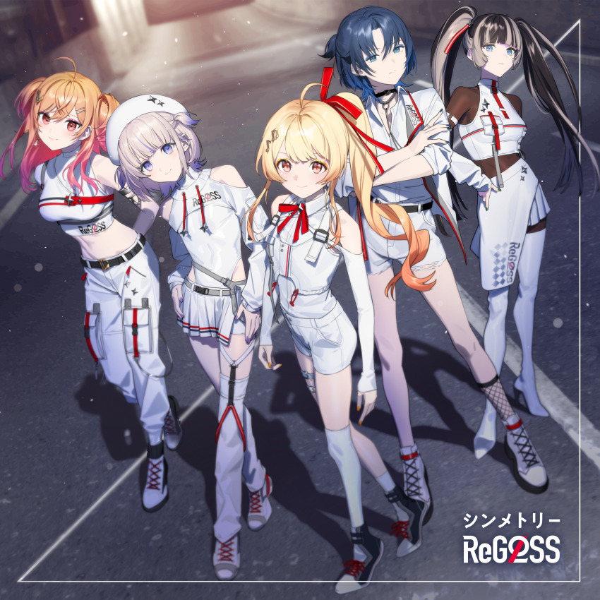 5girls, :/, absurdres, ahoge, album_cover, arm_strap, arms_behind_back, asymmetrical_legwear, belt, beret, black_belt, black_bodysuit, black_choker, black_footwear, black_hair, blonde_hair, blue_eyes, blue_nails, blunt_bangs, bodysuit, boots, breasts, cargo_pants, choker, clothing_cutout, collared_shirt, colored_shoe_soles, commentary_request, contrapposto, cover, crop_top, cropped_shirt, crossed_arms, crossed_bangs, crossed_legs, detached_sleeves, earclip, earrings, eyeshadow, fishnet_socks, fishnets, flat_chest, fortissimo, frayed_shorts, full_body, garter_straps, green_nails, grey_belt, grey_hair, hair_ornament, hair_over_shoulder, hair_ribbon, hairclip, hand_on_own_hip, hands_on_own_hips, hat, high_heels, highres, hiodoshi_ao, hiodoshi_ao_(regloss_uniform), hololive, hololive_dev_is, ichijou_ririka, ichijou_ririka_(regloss_uniform), jacket, jewelry, juufuutei_raden, juufuutei_raden_(regloss_uniform), large_breasts, leotard, long_hair, long_sleeves, looking_at_viewer, makeup, medium_breasts, medium_hair, midriff, miniskirt, mole, mole_under_mouth, multicolored_hair, multiple_girls, musical_note, musical_note_hair_ornament, neck_ribbon, official_alternate_costume, official_art, oguchi, orange_eyes, orange_hair, orange_nails, otonose_kanade, otonose_kanade_(regloss_uniform), pants, pleated_skirt, ponytail, purple_eyes, purple_hair, purple_nails, red_eyes, red_ribbon, regloss_(hololive), ribbon, ring, road, second-party_source, shirt, shirt_tucked_in, shoes, short_hair, short_shorts, shorts, shoulder_cutout, side_slit, single_detached_sleeve, single_sleeve, single_thighhigh, skirt, smile, sneakers, socks, standing, streaked_hair, tank_top, thigh_boots, thigh_strap, thighhighs, three-quarter_sleeves, todoroki_hajime, todoroki_hajime_(regloss_uniform), twintails, two_side_up, virtual_youtuber, white_footwear, white_hat, white_jacket, white_leotard, white_pants, white_shirt, white_shorts, white_skirt, white_socks, white_tank_top, white_thighhighs