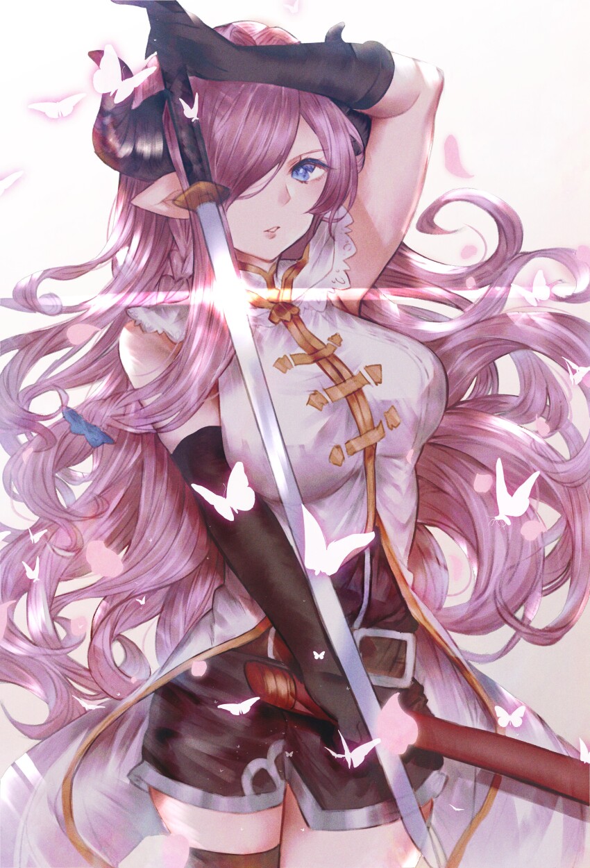 1girl, absurdres, belt, black_gloves, black_horns, blue_eyes, breasts, bug, butterfly, coat, draph, duplicate, glint, gloves, glowing_butterfly, granblue_fantasy, hair_over_one_eye, highres, holding, holding_sword, holding_weapon, horns, ikukiri_yuri, impossible_clothes, insect, katana, large_breasts, long_hair, narmaya_(granblue_fantasy), pixel-perfect_duplicate, pointy_ears, purple_hair, scabbard, sheath, simple_background, sleeveless, sleeveless_coat, sword, thighhighs, third-party_edit, very_long_hair, weapon, white_coat
