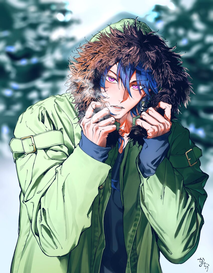 1boy, arisugawa_dice, blue_hair, blue_shirt, blush, breath, coat, depth_charge, fur-trimmed_coat, fur_trim, grabbing, green_coat, green_hoodie, hair_between_eyes, hands_up, head_tilt, highres, hood, hoodie, hypnosis_mic, kamachiri, long_sleeves, looking_at_viewer, male_focus, parted_lips, purple_eyes, shirt, snow, solo, sunlight, teeth, tree, winter
