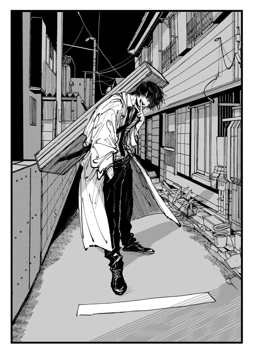 1boy, alley, architecture, belt, black_footwear, black_hair, black_necktie, black_pants