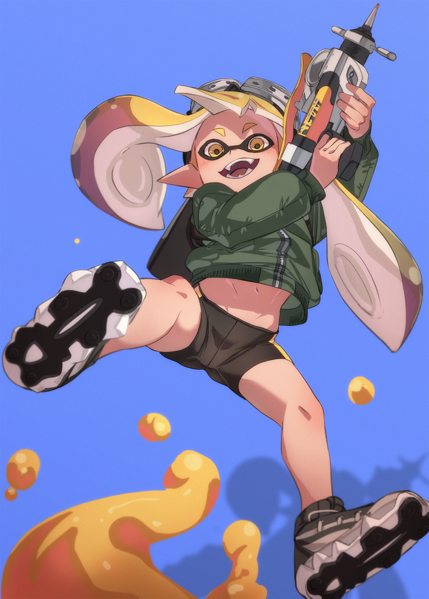 1girl, :d, bike_shorts, fu-ta, goggles, goggles_on_head, highres, inkling_girl