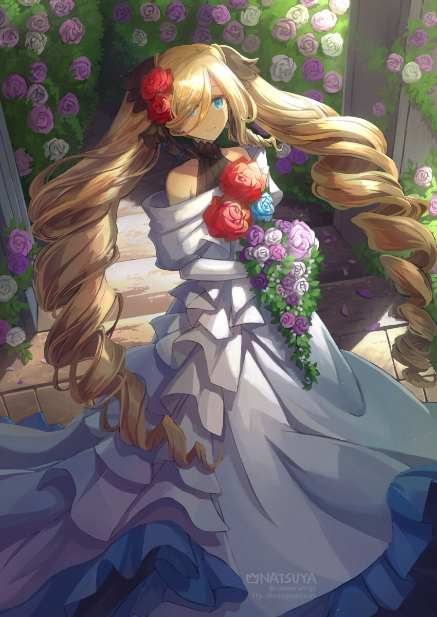 1girl, artist_name, black_shirt, blonde_hair, blood, blue_eyes, bouquet, bush