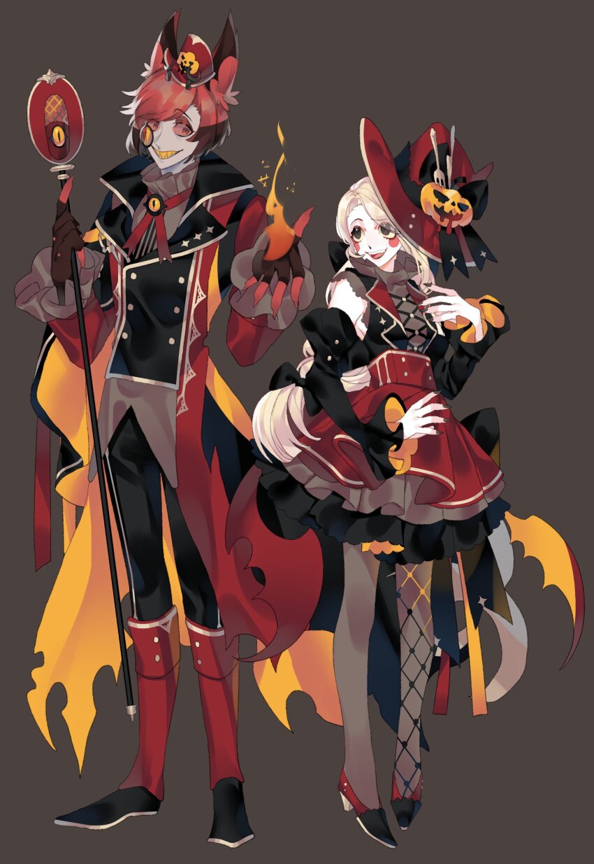 1boy, 1girl, absurdres, alastor_(hazbin_hotel), black_bow, black_shirt, blonde_hair, blush_stickers, bow, braid, brown_background, charlie_morningstar, coat, detached_sleeves, fire, full_body, hand_up, hat, hazbin_hotel, hellaverse, highres, holding, holding_staff, juliet_sleeves, long_hair, long_sleeves, open_mouth, puffy_sleeves, red_coat, red_eyes, red_hair, red_hat, red_skirt, red_sleeves, shanhujiao, shirt, skirt, smile, staff, very_long_hair, witch_hat