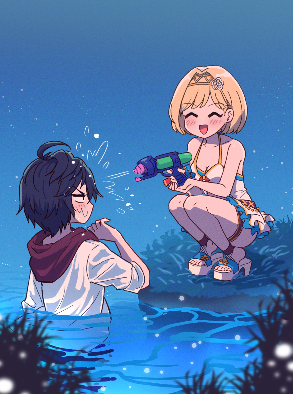 1boy, 1girl, :d, ^_^, ahoge, alternate_costume, anklet, bikini