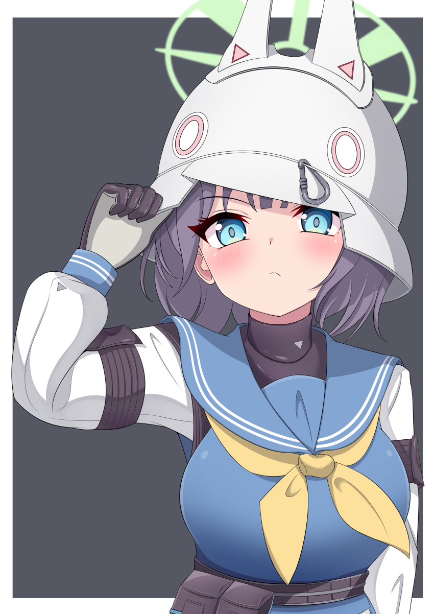 1girl, absurdres, adjusting_clothes, adjusting_headwear, animal_ear_headwear, arm_behind_back, blue_archive, blue_eyes, blue_serafuku, blush, breasts, combat_helmet, commentary_request, expressionless, fake_animal_ears, frown, gloves, green_halo, hair_between_eyes, halo, hand_up, helmet, highres, kyukkyu, large_breasts, lifting_own_clothes, long_sleeves, medium_hair, neckerchief, purple_hair, saki_(blue_archive), school_uniform, serafuku, shirt, solo, stahlhelm, staring, upper_body, white_shirt, yellow_neckerchief