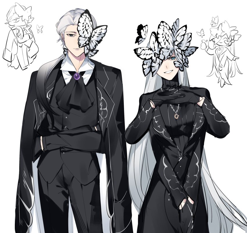 1boy, 1girl, angelica_(project_moon), ascot, black_ascot, black_coat, black_gloves, black_jacket, black_sweater, bug, butterfly, coat, cowboy_shot, crossed_arms, e.g.o_(project_moon), extra_arms, funeral_of_the_dead_butterflies, gloves, highres, husband_and_wife, insect, jacket, jewelry, library_of_ruina, long_hair, looking_at_viewer, necklace, parted_lips, project_moon, ribbed_sweater, ring, ring_necklace, roland_(project_moon), shanhujiao, simple_background, smile, solemn_lament_(e.g.o), sweater, turtleneck, turtleneck_sweater, very_long_hair, white_background, white_hair