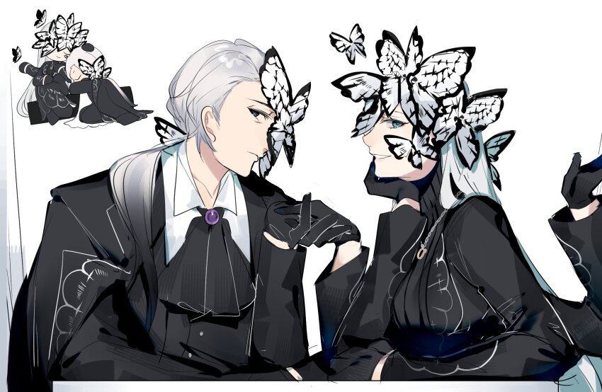 1boy, 1girl, angelica_(project_moon), ascot, black_ascot, black_gloves, black_jacket, black_sweater, bug, butterfly, e.g.o_(project_moon), extra_arms, funeral_of_the_dead_butterflies, gloves, highres, husband_and_wife, insect, jacket, jewelry, library_of_ruina, long_hair, looking_at_viewer, necklace, parted_lips, project_moon, ribbed_sweater, ring, ring_necklace, roland_(project_moon), shanhujiao, simple_background, smile, solemn_lament_(e.g.o), sweater, turtleneck, turtleneck_sweater, upper_body, very_long_hair, white_background, white_hair