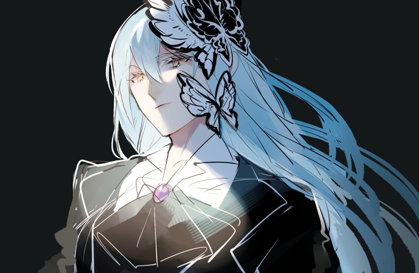 1girl, argalia_(project_moon), ascot, black_ascot, black_background, black_coat, blue_hair, bug