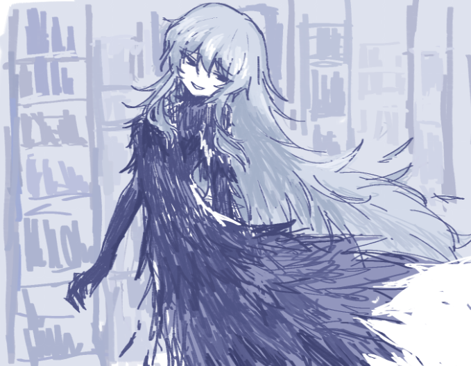 1girl, angela_(project_moon), blue_theme, bookshelf, claws, cowboy_shot, dress, feather-trimmed_dress