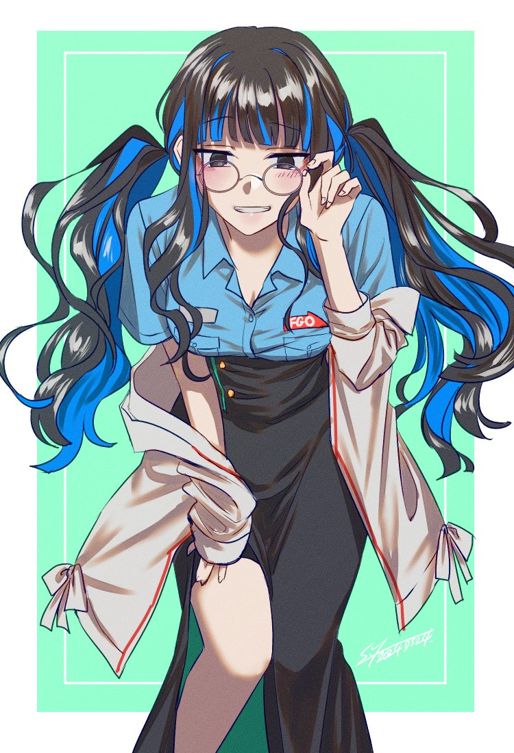 1girl, black_eyes, black_hair, black_skirt, blue_hair, colored_inner_hair, fate/grand_order, fate_(series)