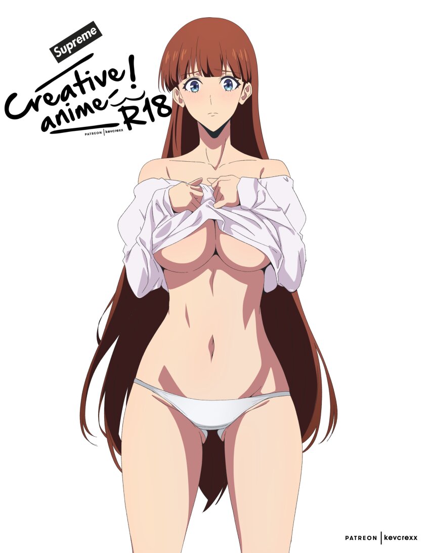 1girl, absurdres, blue_eyes, blunt_bangs, blush, breasts, brown_hair, cleavage, clothes_lift, collarbone, cowboy_shot, gluteal_fold, highres, kevcrexx, large_breasts, lee_joo-hee, long_hair, lowleg, lowleg_panties, navel, panties, patreon_username, shirt_lift, solo, solo_leveling, stomach, supreme_(brand), underwear, white_background