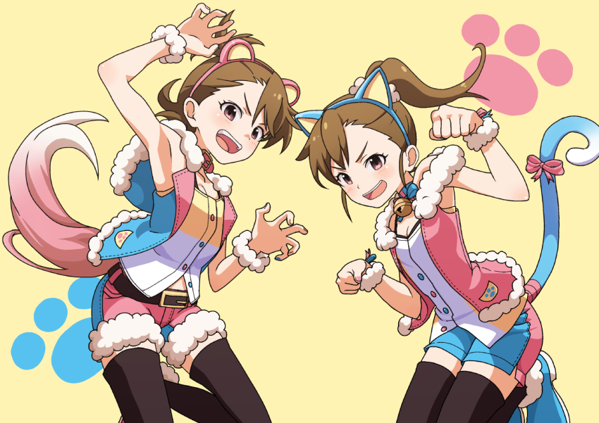 2girls, :d, animal_ears, arm_up, armpits, black_thighhighs, blue_nails, blue_shorts