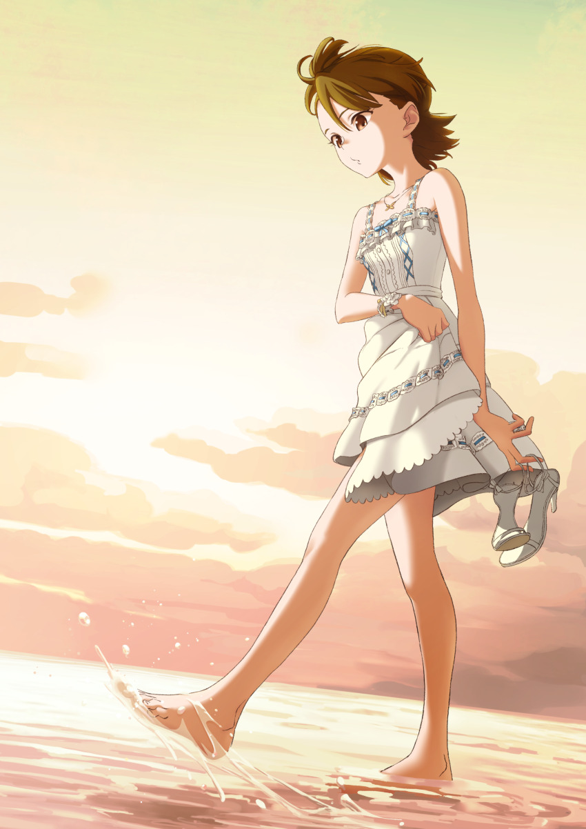 absurdres, alternate_costume, arm_at_side, barefoot, brown_eyes, brown_hair, commentary_request, dress, feet, floating_hair, frilled_dress, frills, from_side, full_body, futami_ami, hand_up, highres, holding, holding_own_dress, holding_sandals, idolmaster, idolmaster_(classic), idolmaster_million_live!, idolmaster_million_live!_theater_days, looking_down, mappy_(minogue), outdoors, puckered_lips, pure_onepiece_(idolmaster), sandals, short_hair, sidelighting, sky, soaking_feet, spaghetti_strap, splashing, standing, standing_on_one_leg, sundress, sunset, unworn_sandals, white_dress, white_sandals, wind, yellow_sky
