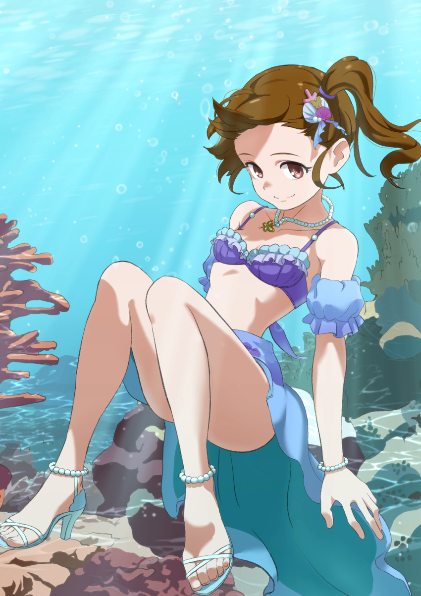 1girl, absurdres, air_bubble, arms_at_sides, bare_shoulders, bikini, bracelet, breasts, brown_eyes, brown_hair, bubble, cleavage, closed_mouth, collarbone, commentary_request, convenient_leg, feet, floating_hair, full_body, futami_mami, hair_ornament, high_heel_sandals, high_heels, highres, idolmaster, idolmaster_(classic), idolmaster_million_live!, idolmaster_million_live!_theater_days, jewelry, knees_together_feet_apart, knees_up, looking_at_viewer, mappy_(minogue), medium_hair, necklace, pearl_anklet, pearl_bracelet, pearl_necklace, purple_bikini, sandals, shell, shell_bikini, shell_hair_ornament, sitting, small_breasts, smile, solo, split_mouth, swimsuit, thighs, toes, underwater