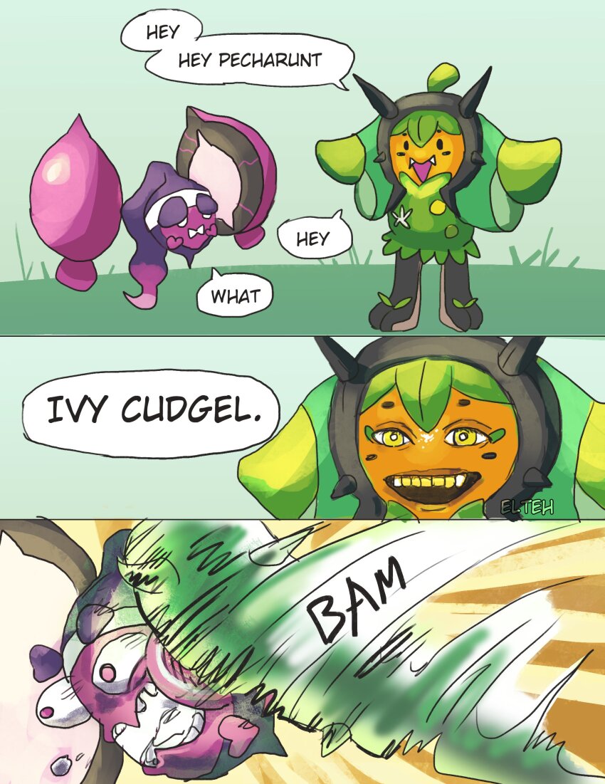 1girl, 1other, :>, absurdres, annoying_orange, bright_pupils, club, club_(weapon)