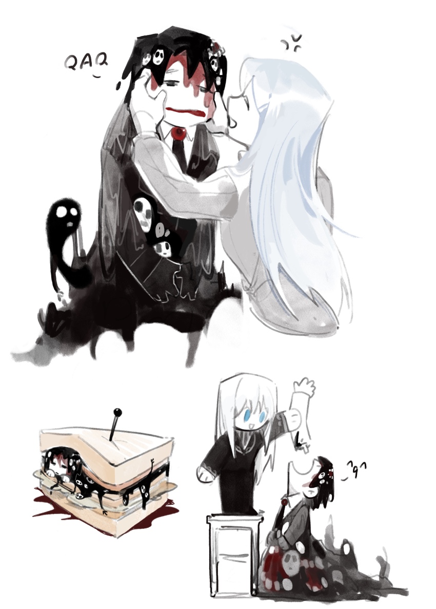 1boy, 1girl, absurdres, angelica_(project_moon), anger_vein, beeeeeebird, black_eyes, black_gloves, black_hair, black_jacket, black_pants, blue_eyes, cheek_pinching, disembodied_hand, e.g.o_(project_moon), feeding, gloves, hands_up, highres, husband_and_wife, jacket, library_of_ruina, liquid_hair, long_hair, on_stool, open_mouth, pants, pinching, project_moon, roland_(project_moon), simple_background, slime_(substance), smile, smile_(e.g.o), stool, very_long_hair, white_background, white_hair