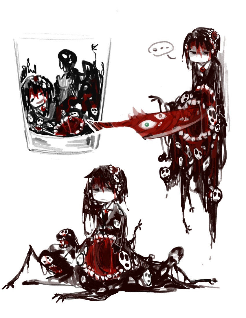 1boy, absurdres, beeeeeebird, black_coat, black_eyes, black_hair, black_necktie, brooch, coat, collared_shirt, cup, e.g.o_(project_moon), gem, highres, in_container, in_cup, jewelry, library_of_ruina, mimicry_(e.g.o), mountain_of_smiling_bodies, multiple_views, necktie, nothing_there, project_moon, red_gem, roland_(project_moon), shirt, smile_(e.g.o), stab, white_shirt