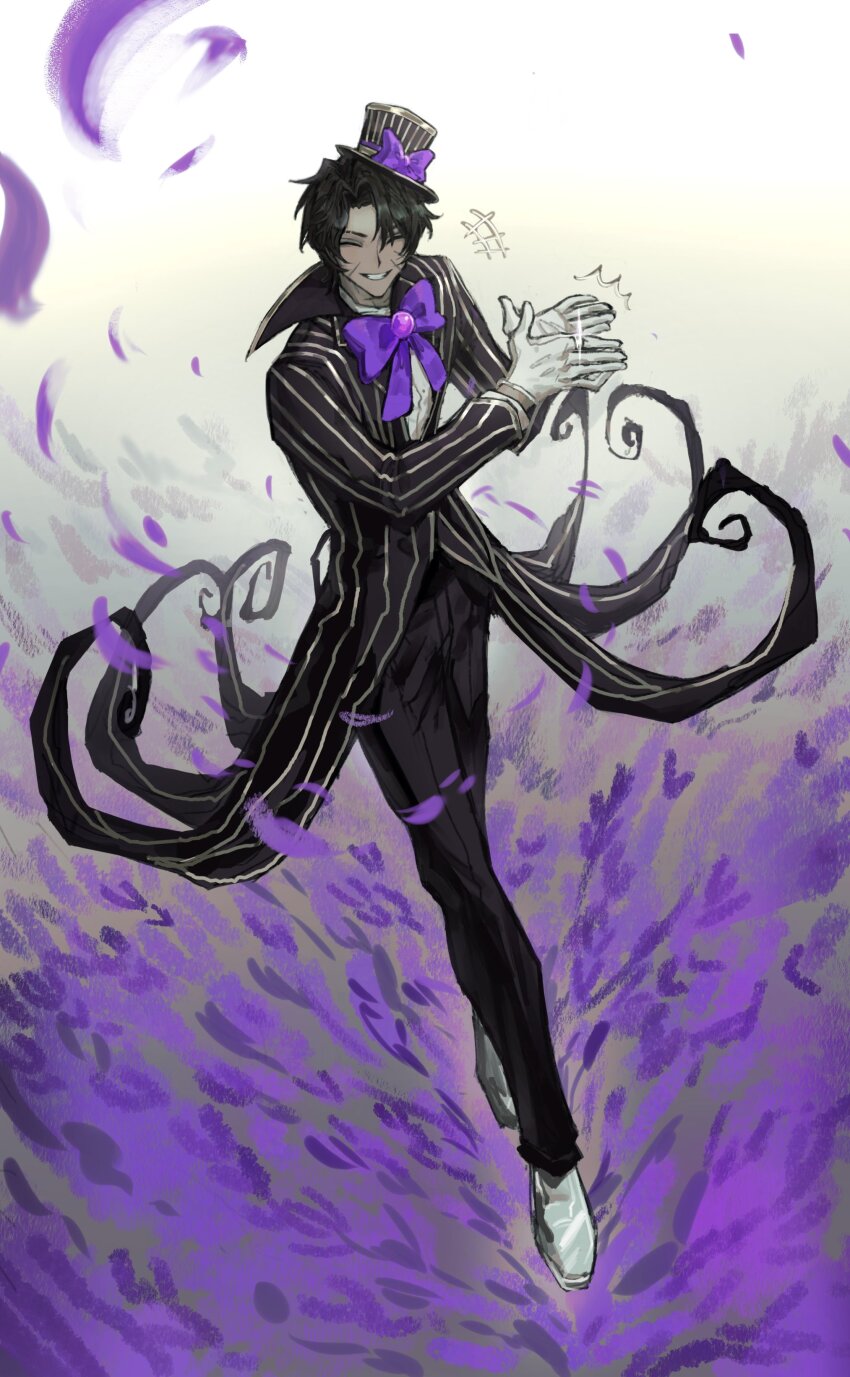 1boy, absurdres, black_coat, black_pants, bow, bowtie, chanil_(muexlku), clapping