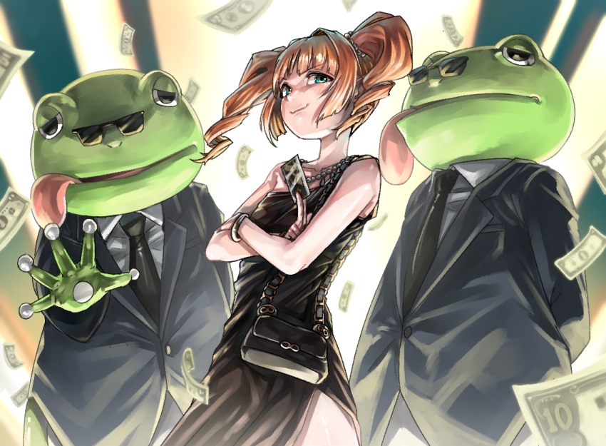 1girl, 2boys, animal_costume, bag, bare_shoulders, black_credit_card, black_dress, blue_eyes, crossed_arms, dress, formal_clothes, frog_costume, frog_mask, handbag, hold111, idolmaster, idolmaster_(classic), looking_at_viewer, money, multiple_boys, necktie, orange_hair, smile, smug, suit, takatsuki_yayoi, twintails