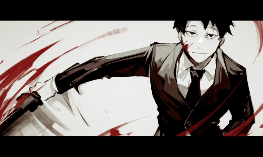 1boy, beeeeeebird, black_eyes, black_hair, black_jacket, black_necktie, black_pants, blood
