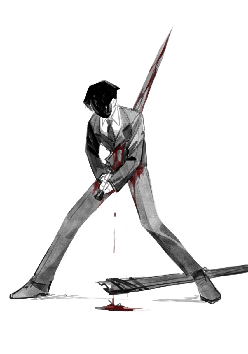 1boy, absurdres, beeeeeebird, blood, blood_on_clothes, bloody_weapon, collared_shirt, formal_clothes