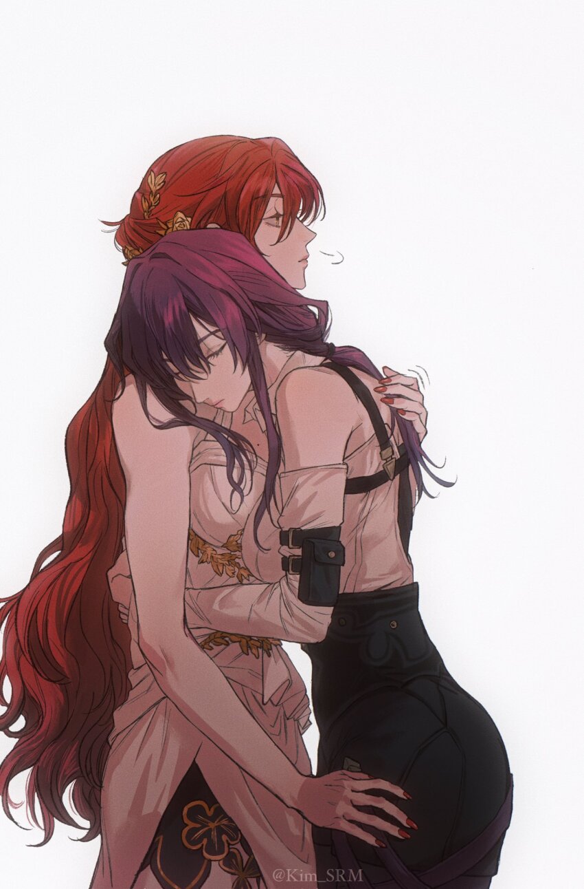 2girls, black_shorts, breasts, closed_eyes, closed_mouth, commentary, couple, detached_sleeves