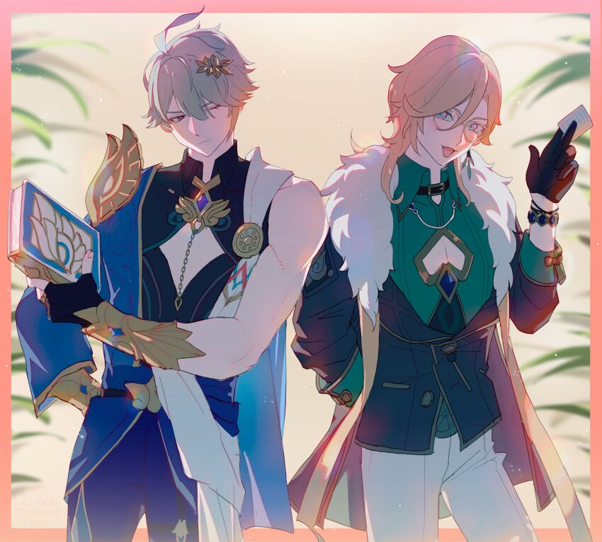 2boys, absurdres, alhaitham_(genshin_impact), aqua_shirt, aventurine_(honkai:_star_rail), aventurine_(honkai:_star_rail)_(cosplay), black_gloves, black_jacket