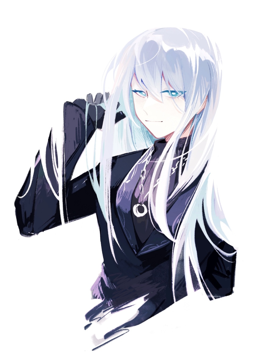 1girl, absurdres, angelica_(project_moon), beeeeeebird, black_gloves, black_jacket, black_sweater, blue_eyes